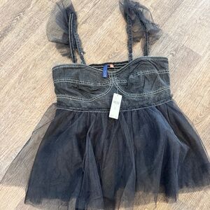 PILCRO Anthropologie Black Fade Denim and Tulle Top